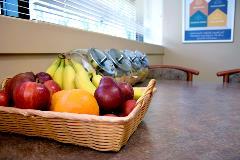 Fresh fruit, a variety of wholesome snacks, and free coffee are on-hand for an easy afternoon pick-me-up